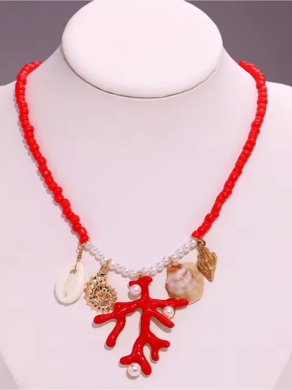 Red Coral Bead Necklace with Shell and Pearl Charms
